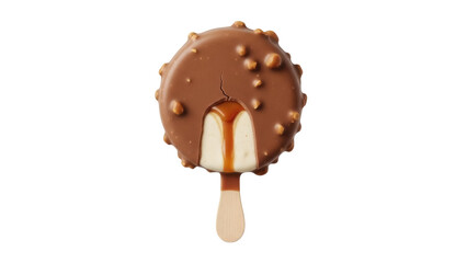 Isolated, a scrumptious chocolate nut caramel ice cream dessert on a wooden stick snack