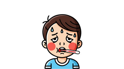 Sick Child Feeling Unwell with Thermometer in Mouth Flu Symptoms Fever and Sickness Illustration