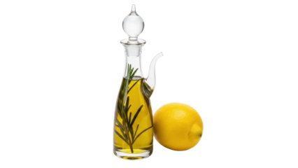 Isolated glass decanter filled with rosemary infused oil stands near a yellow lemon