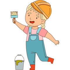 Young Caucasian Girl Dressed As A Painter Wearing Overalls And Safety Helmet Holding A Paintbrush And Standing Beside A Bucket Of Paint On A White Background