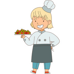 Young Chef With Blonde Hair And Blue Eyes Wearing A White Chef Hat And Coat Holding A Plate Of Salad With Tomatoes And Greens On A Transparent Background