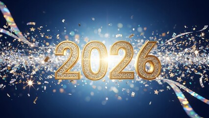 Golden numbers 2026 with diamond accents sparkle amidst falling confetti and streamers on a blue gradient background.