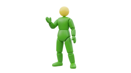 Isolated green mannequin figure waving hand, greeting someone, concept for business success
