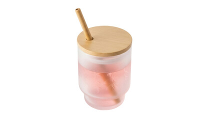 Isolated drink with wooden lid and straw for a sustainable refreshing organic summer concept