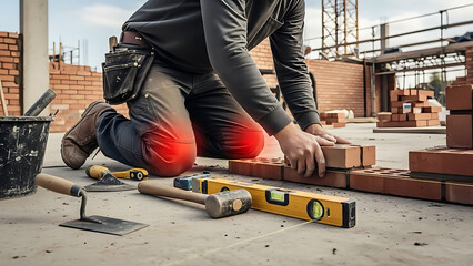 Occupational knee pain: Bricklayer laying bricks at a construction site, highlighting worker health and safety issues.