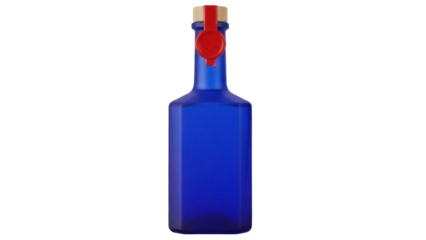 Isolated blue bottle with a red stopper for a refreshing drink or an intriguing potion