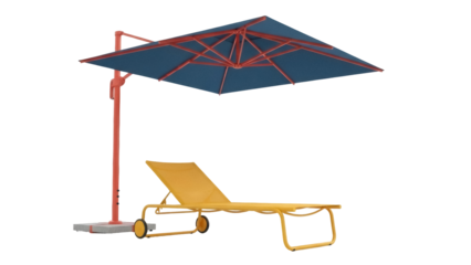 Isolated outdoor beach lounge chair with umbrella for the summer, relaxation and vacation
