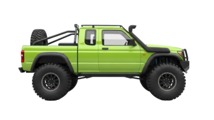 Isolated Custom Modified Lime Green Pickup Truck with Extreme Off-Roading Capability
