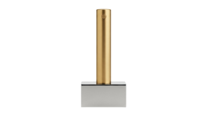 Isolated golden pillar on block, modern design element for bathroom, kitchen fixture, no background