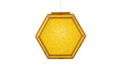Isolated yellow hexagonal lantern with a wooden frame, suspended from a ceiling, simple design