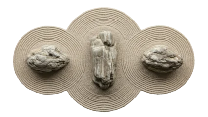 Fototapete Zen Steine Isolated zen garden stones sand, three circular shapes with rocks, spiritual composition  © Elena