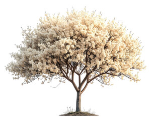 A tree in full bloom, with a brown trunk, against a black backdrop