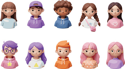 Diverse group of cartoon 3D youth and children avatars bundle set, showing different hairstyles, clothing, genders, and ethnicities for educational, social media, and communication projects.