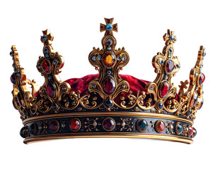 Fototapeta premium Ornate gold crown with jewels, resting on red velvet