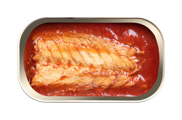 Canned mackerel fillet in tomato sauce, in opened tin can. Cooked mackerel piece, skinless and boneless, with tomato sauce. Rich source of protein, vitamins and omega-3 fatty acids. Isolated. Photo