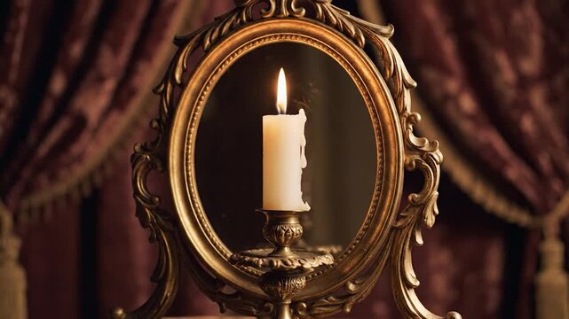 Lit candle reflected in ornate gold mirror with elegant vintage decor and warm atmospheric light