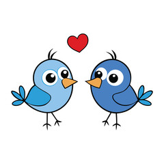 Obraz premium Two cute cartoon birds face each other, sharing smiles as colorful hearts float around them, creating a sweet, playful scene full of love and cheerful charm. 