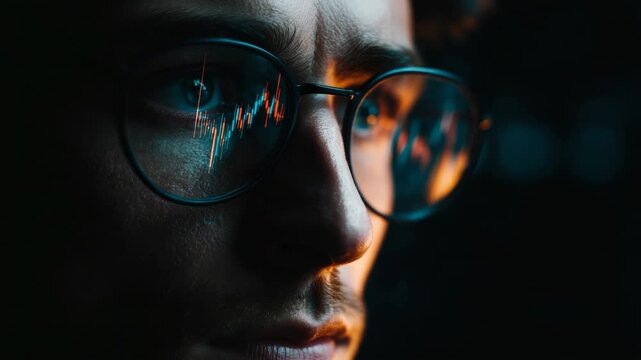 Close-up of a man's face with glasses showing a stock chart reflection, cinematic lighting, dark background, concept of finance and analysis