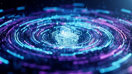 Abstract AI cube pulses with glowing circuits, surrounded by swirling purple and blue light trails on a dark background.