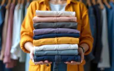 Woman holding stack of clothes with used wardrobe, ready to give away. Circular fashion, fast fashion, clothing recycling, eco friendly sustainable shopping, resale, thrift stores concept. Wide banner