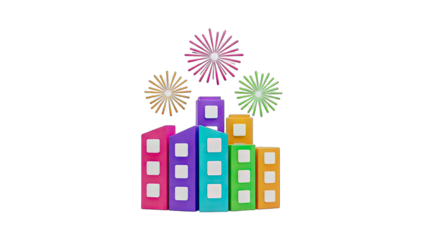 Colorful City Buildings with Fireworks Celebration