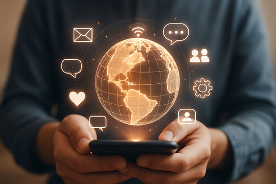 Mobile device in human hands projecting golden world globe with virtual technology symbols for messaging connectivity and networking - Powered by Adobe