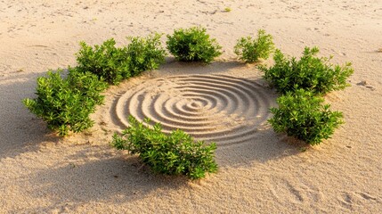 A small circle of green plants in the sand.