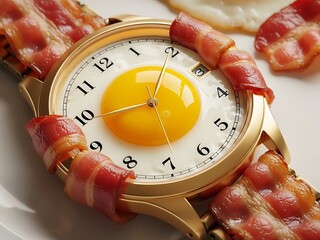 Breakfast Time Concept: Fried Egg on Watch Face with Bacon