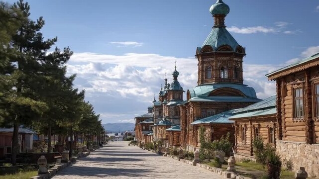 A serene and picturesque long shot showcases a traditional architectural complex, featuring an array of exquisitely crafted wooden log buildings. These structures boast intricate carved details and ar