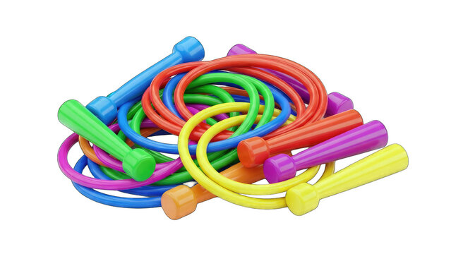 Colorful Jump Ropes Pile on White Background