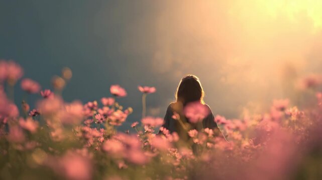 Woman standing with arms outstretched in a dreamy flower meadow, warm natural lighting, soft focus background, concept of freedom and peace
