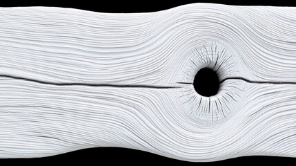 A close-up view of a weathered white wooden plank with a circular hole in the center.