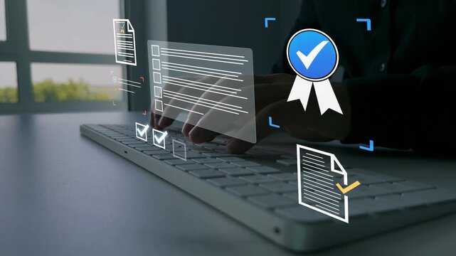 Productivity document check with approval and filling survey form online.Businessman in computer doing online data documentation checklist survey. Fast checklist,clipboard task business management.
