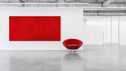 A red abstract painting hangs on a white wall in a minimalist art gallery.