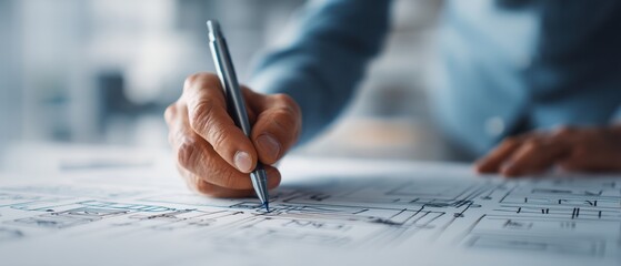 Draft Sketch Workflow concept. Hand drawing architectural plans with a pen on a table.