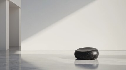 A minimalist black stone sculpture sits on a reflective floor against a white wall.