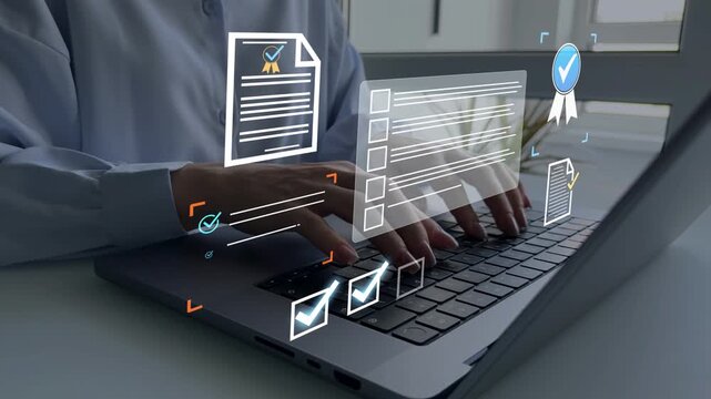 Business person in computer doing online data documentation checklist survey. Productivity document check approval and filling survey form online.Fast checklist,clipboard task business management.