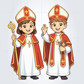 Bishop children in red and gold haracter Mascot Vector Template