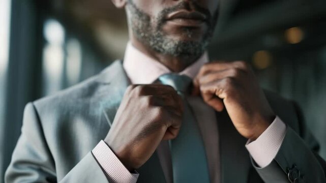 A man in a grey suit tightens his tie, getting ready for a formal or business occasion.