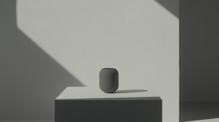 A minimalist black and white still life composition featuring a tall, slender vase on a gray pedestal.