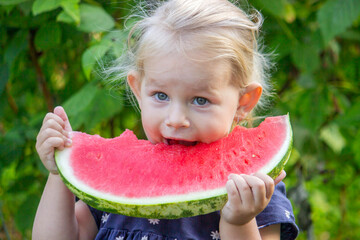 Happy little girl eating a big piece of juicy watermelon against the background of a green garden