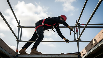 Industrial worker in safety harness on scaffolding at a construction site, blue sky background