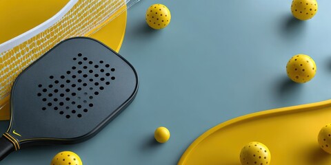 Black paddle with perforated surface rests on a smooth blue background, surrounded by yellow balls and a net, showcasing the vibrant elements of paddle sports and leisure activities
