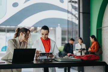 Two colleagues work together at a sleek desk, using a tablet and laptop, while others chat in the background in a modern, busy lobby. The scene conveys collaboration, focus, and professional teamwork.