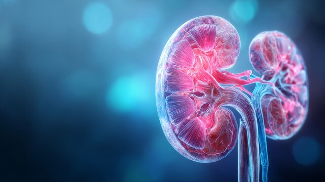 human kidney with a glowing, blue background