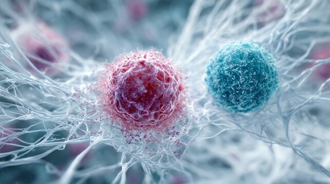 blue and red cancer cell, grey background
