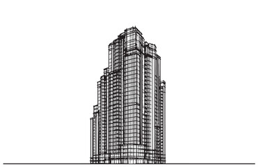 abstract line sketch high-rise building on white background