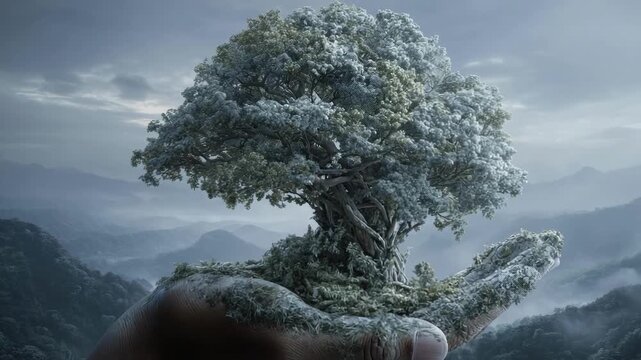 A tiny tree grows on a rock resting in a human hand, with a misty mountain landscape in the background.