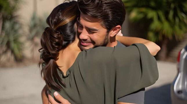 Smiling couple embracing goodbye outside by car in warm sunlight emotional farewell