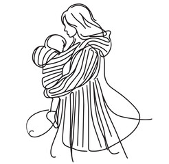 Mother hugging her child with love. Line sketch abstract